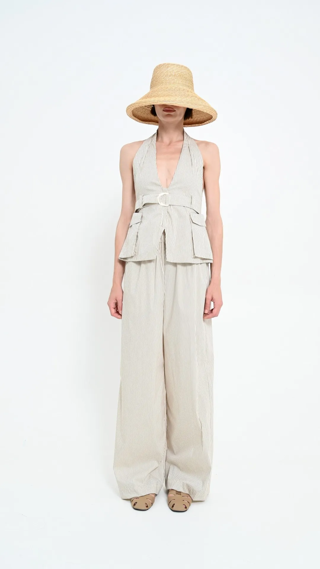 STRIPED WIDE-LEG PANTS (LIGHT BEIGE)